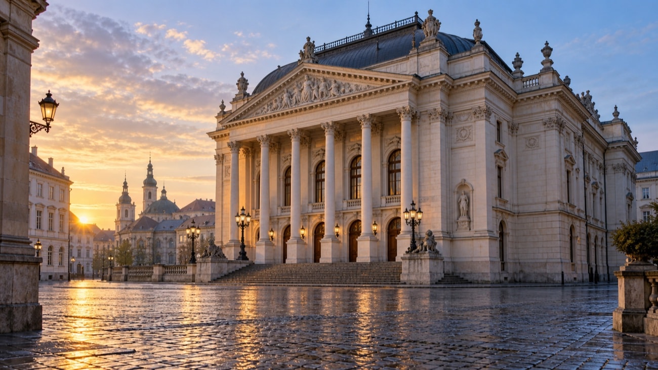 A quiet historic Eastern European concert hall exterior at dawn with no people present