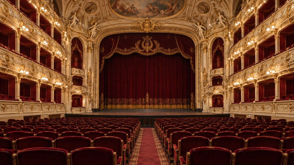 A richly detailed opera-house interior with gilded balconies and an empty stage