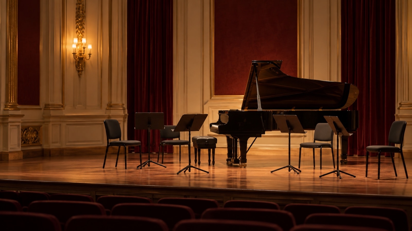 An empty opera rehearsal stage with piano, chairs and warm overhead light