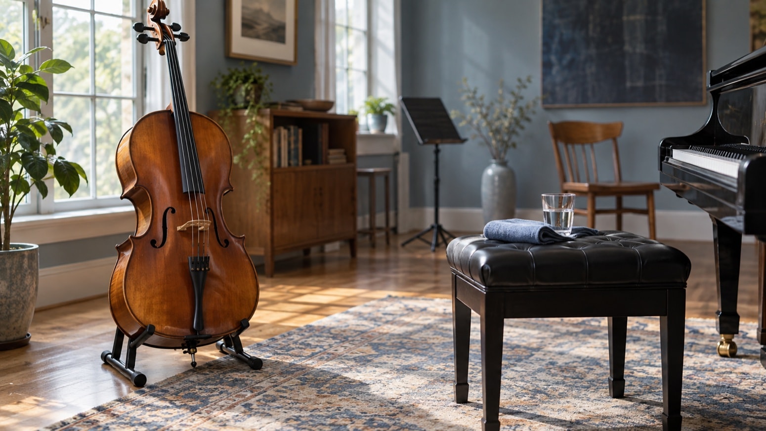 An empty practice studio with a cello, piano bench, water glass and folded cloth