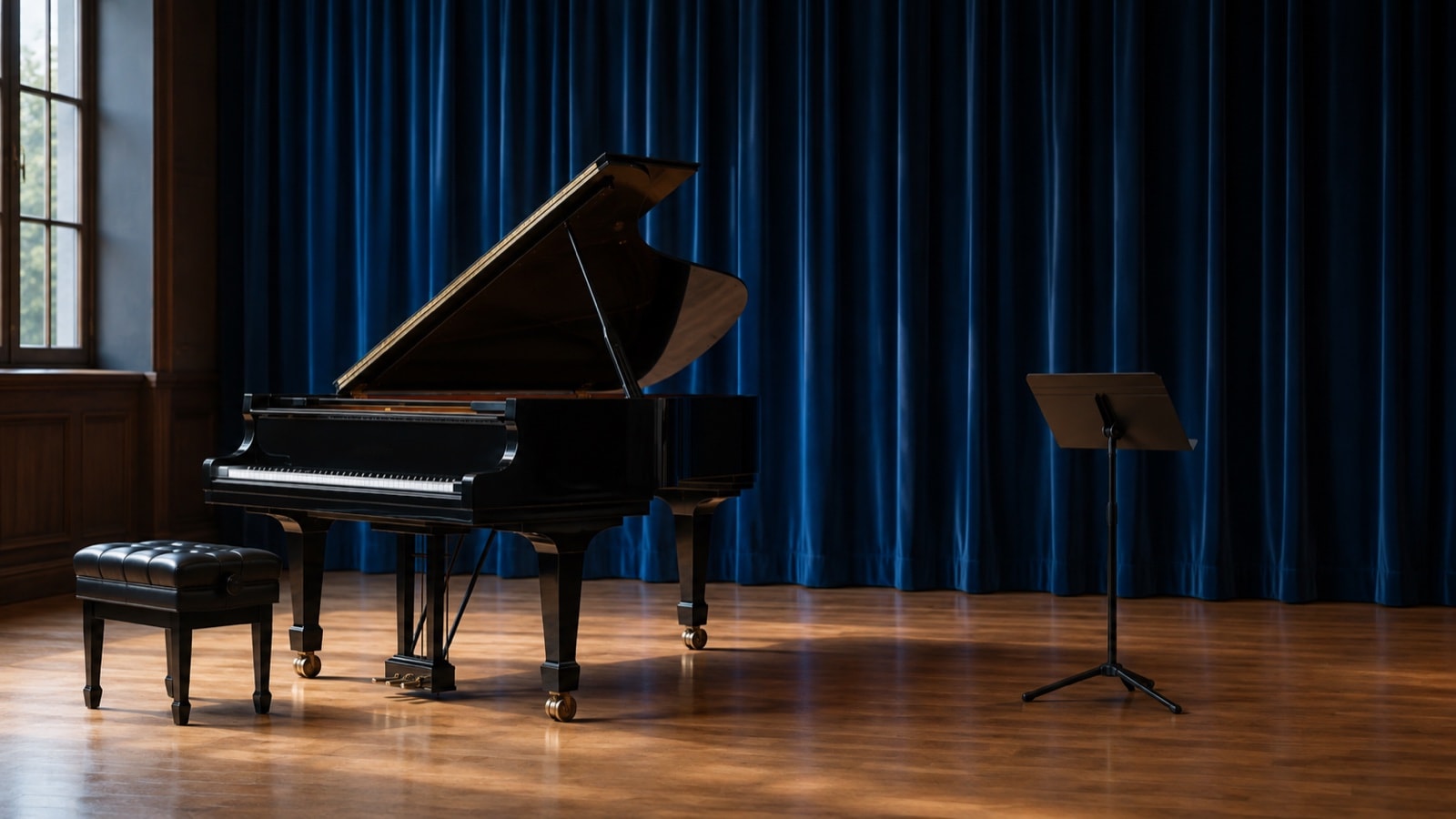 A quiet recital stage with grand piano, a single music stand and blue curtains
