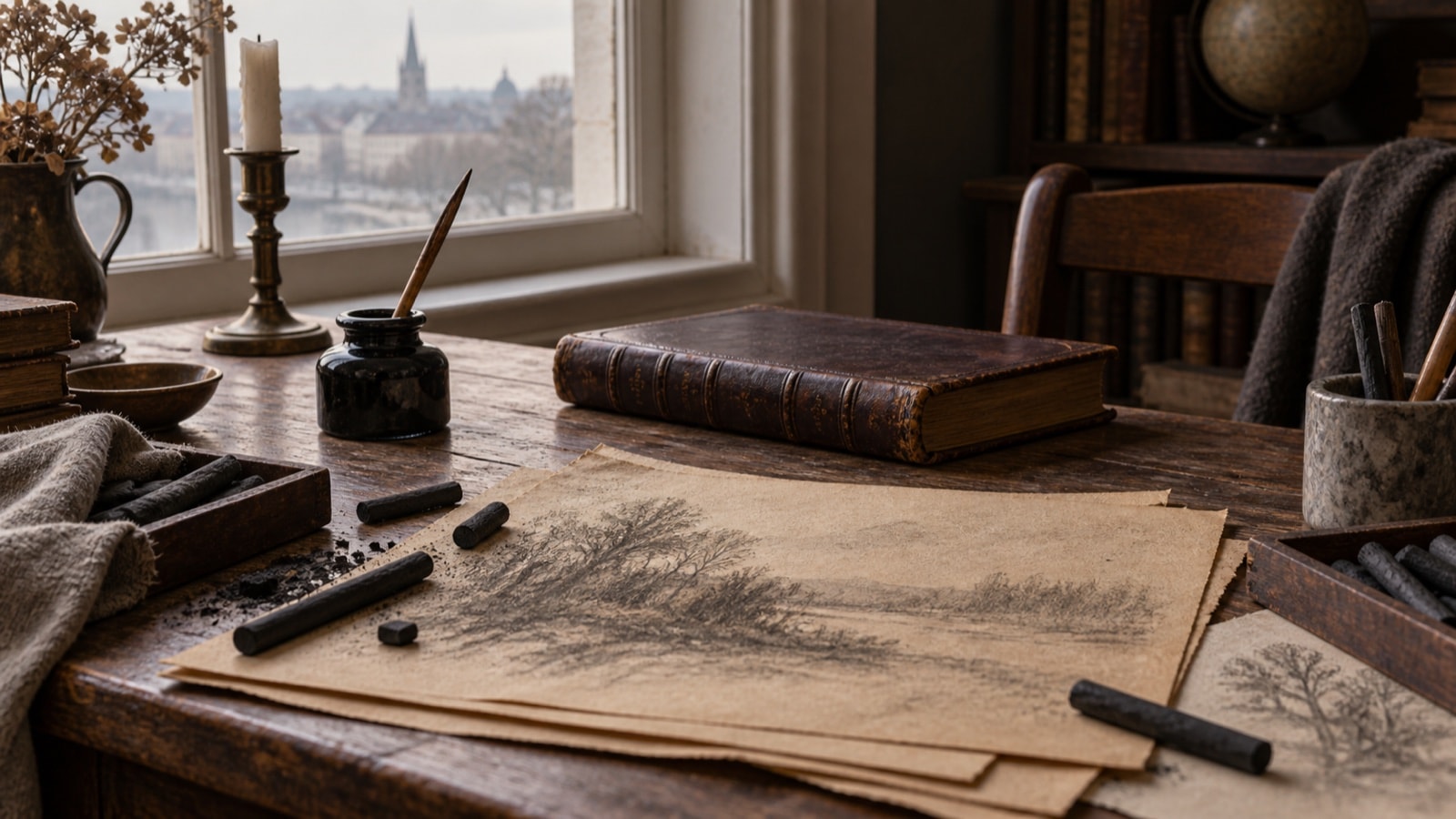 An artist's desk with charcoal, sepia paper and an open poetry volume