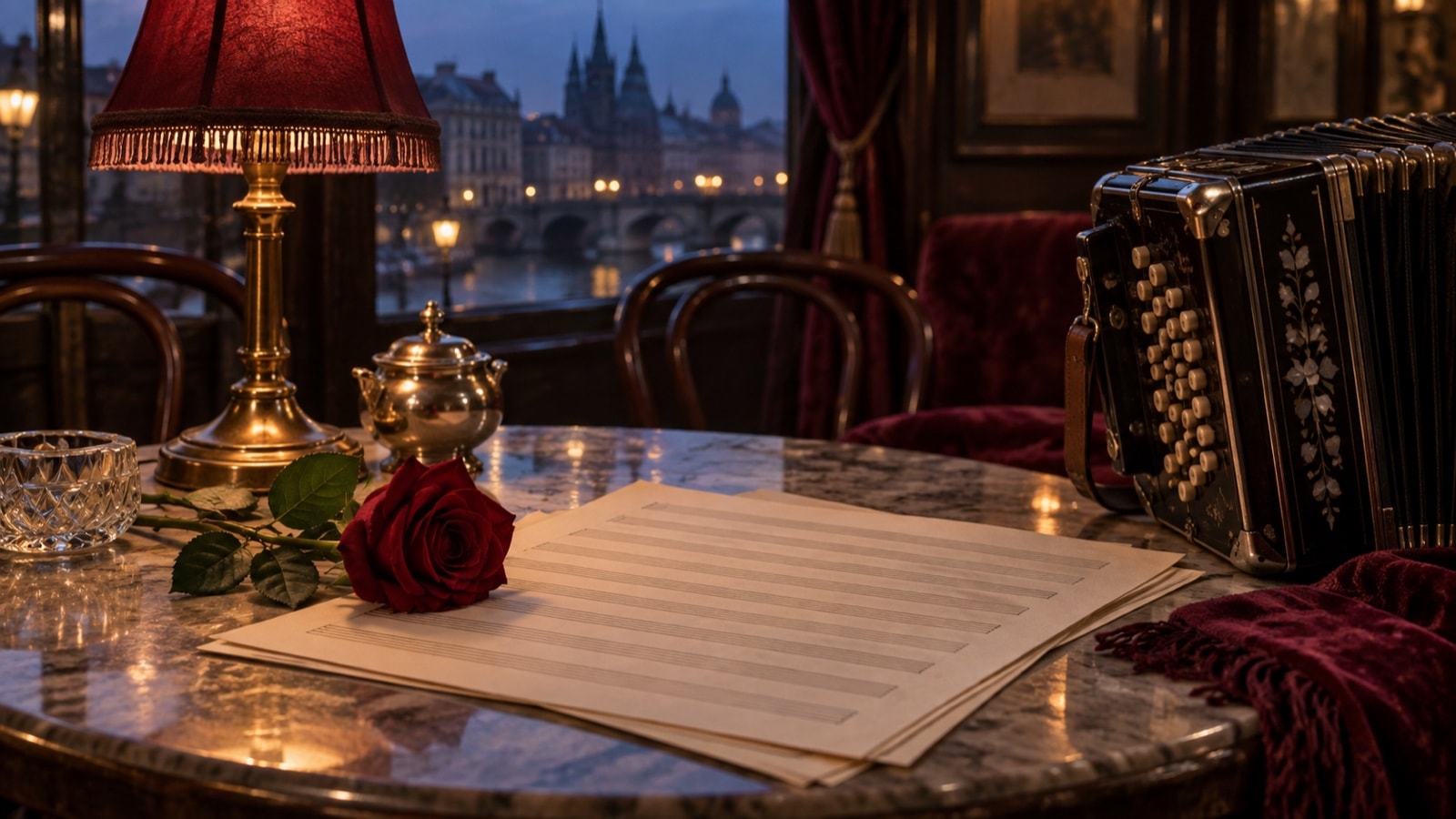 A vintage tabletop with sheet music, a red rose and the polished edge of a bandoneon